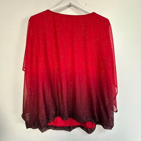 Sara Michelle Women Plus Size 3X Red & Black Ombre Glitter Poncho Top Blouse New - Picture 2 of 9